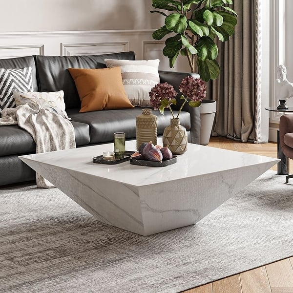 Modern Square Coffee Table Trapezoid Base White Stone Look
