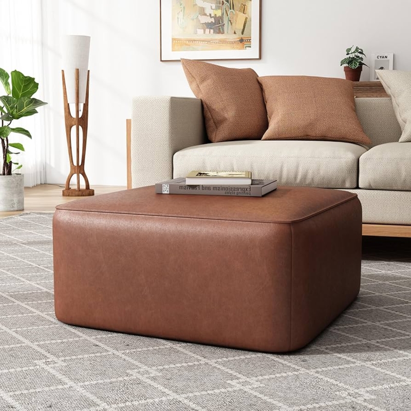 Modern Square Pouf with Cognac Flanged Edge Stitching