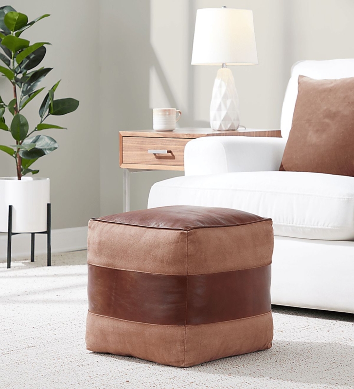 Modern Square Pouf with Espresso Wood Base and Leather-Like Top