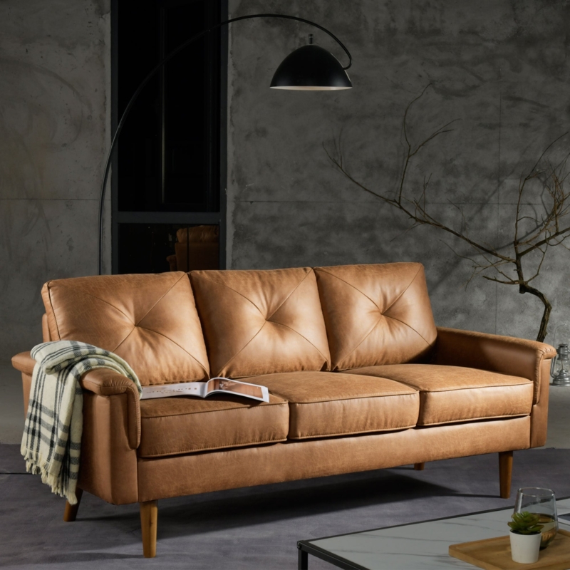Modern Tan Faux Leather Sofa Tapered Wood Legs Mid-Century Style