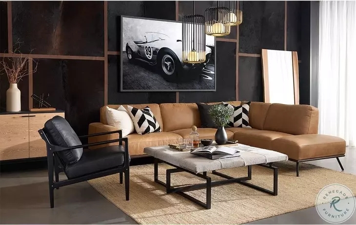 Modern Three-Seater Sofa with Track Arms in Camel Faux Leather