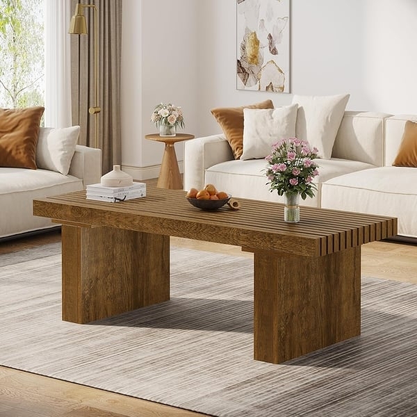 Modern Two-Tier Coffee Table. Wood Top, Black Metal Sled Base, Minimalist.