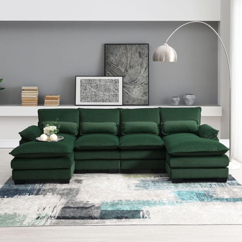 Modern U-Shaped Modular Sectional in Forest Green with Lumbar Pillows