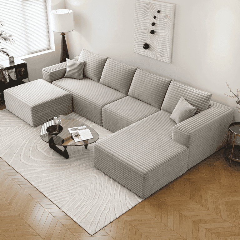 Modern U-Shaped Sectional Sofa, Grey Textured Weave, Minimalist Style.