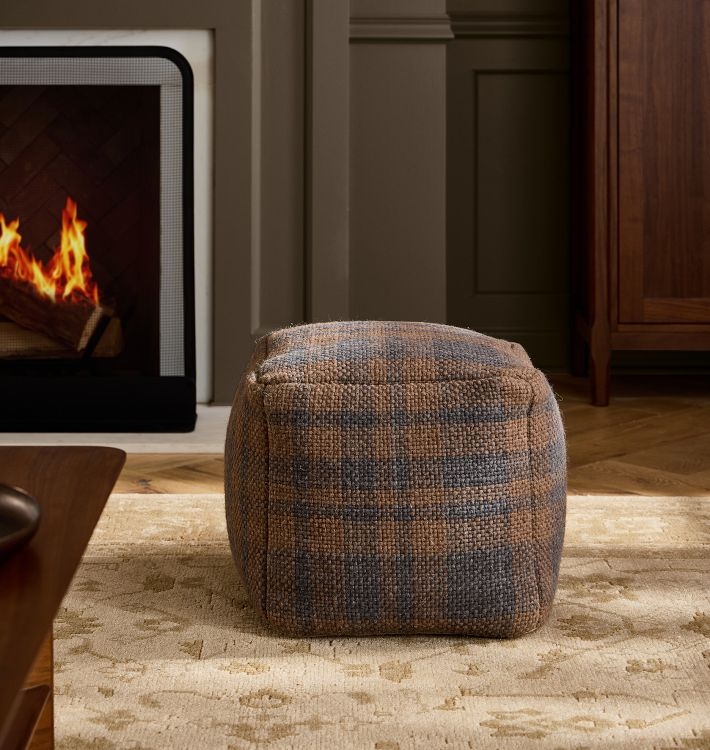 Modern Windowpane Plaid Pouf Square Wool-Like Ottoman Seating