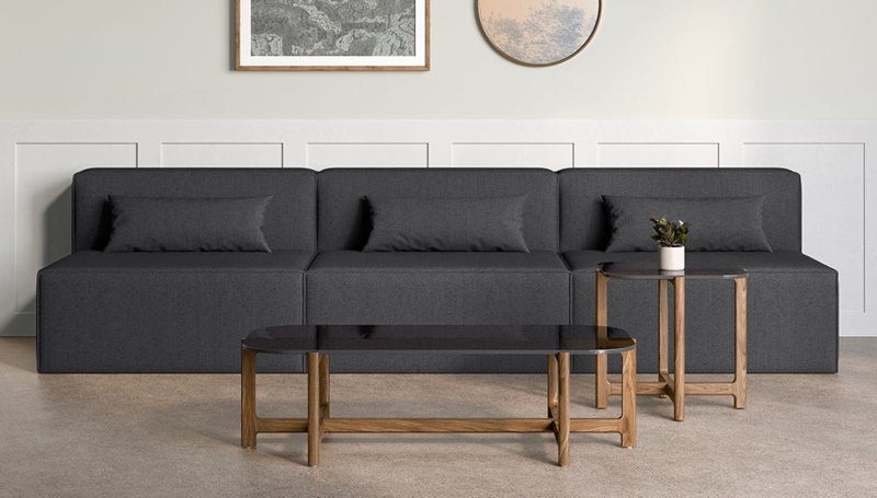 Modular Armless Sofa 3-Piece Set with Piped Detailing, Charcoal