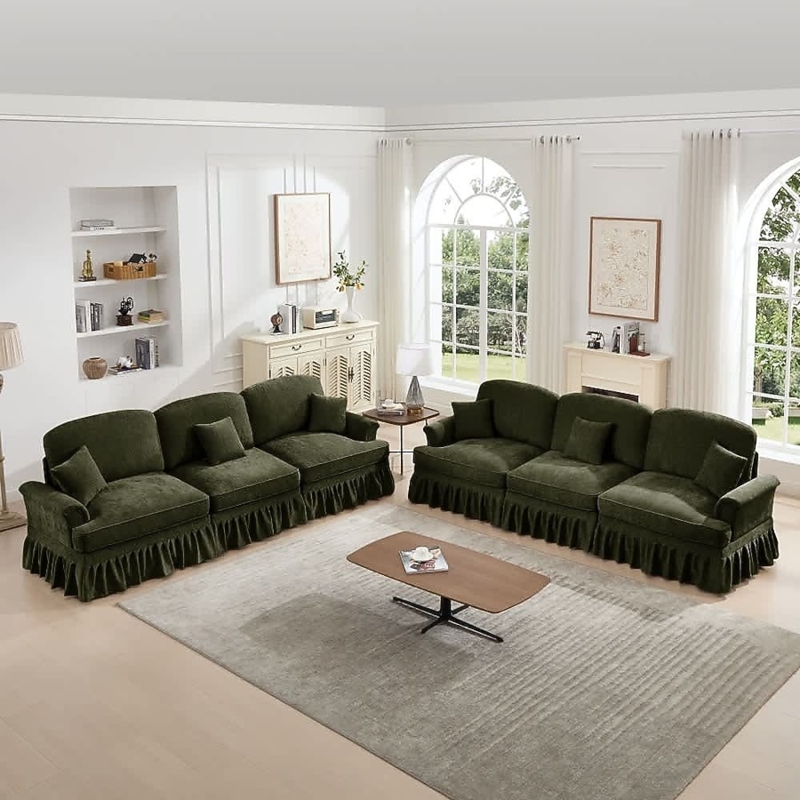 Modular Forest Green Chenille Sectional Sofa with Pleated Skirt