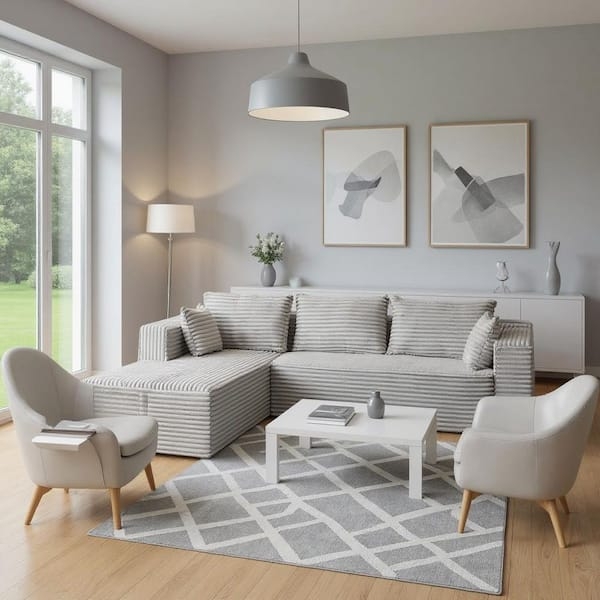 Modular Gray Corduroy Sectional Sofa with Ribbed Texture & Straight Arms