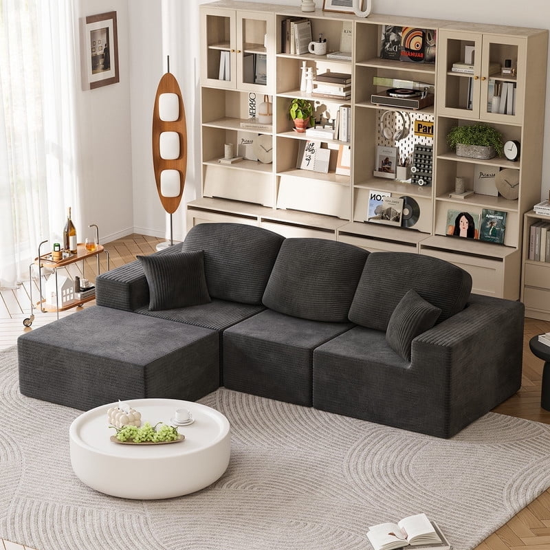 Modular Sectional Beige Corduroy Ground Level Lounge Seating