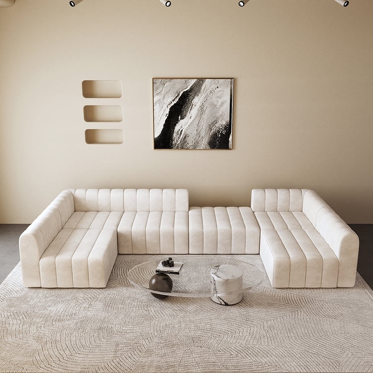 Modular Sectional Pit Configuration Channel Tufting Off White Velvet