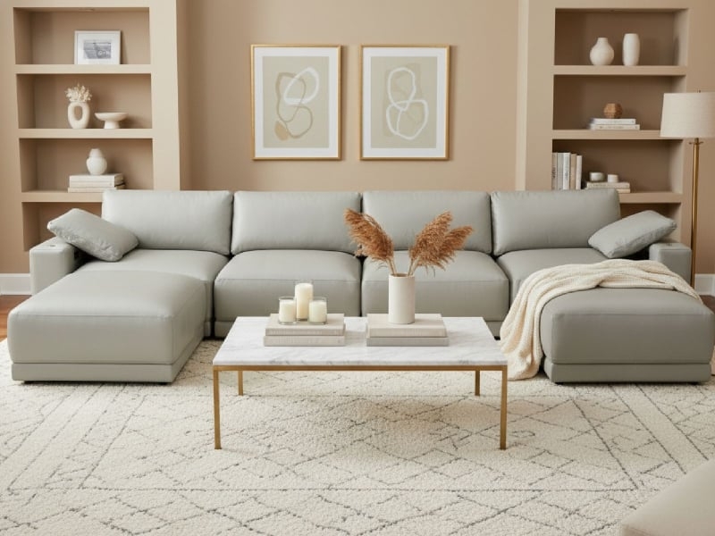 Modular Sectional Pit Layout, Charcoal Leather-Like Luxury Living