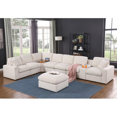 Modular Sectional Sofa Beige Fabric with Corner Wedge Table and Ottoman