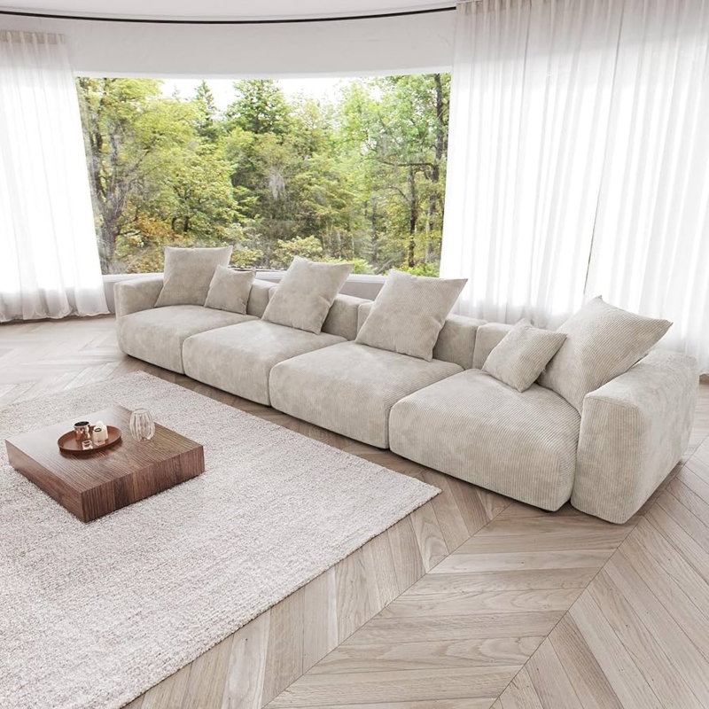 Modular Sectional Sofa, Beige Ribbed Surface, Deep Seats, Oversized Layout