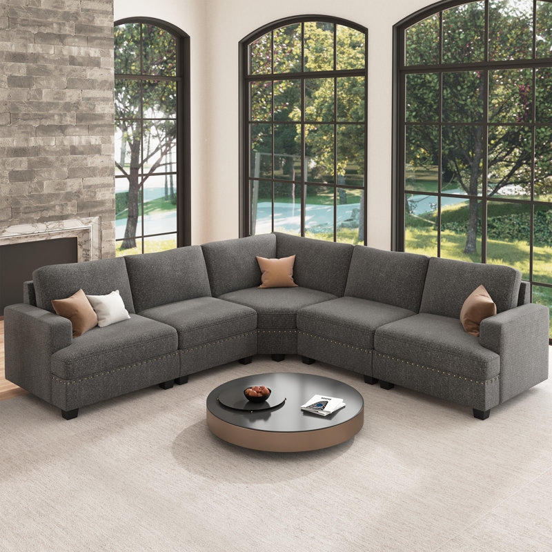 Modular Sectional Sofa Block Silhouette Dark Gray Textured Fabric