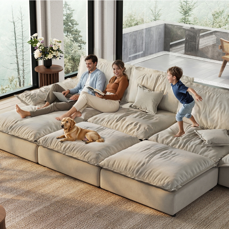 Modular Sectional Sofa Cream Color Story Boucle Like Fabric Track Arms
