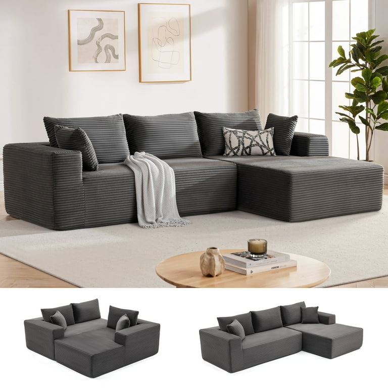 Modular Sectional Sofa, Dark Grey Overstuffed Cushions, Low Profile.