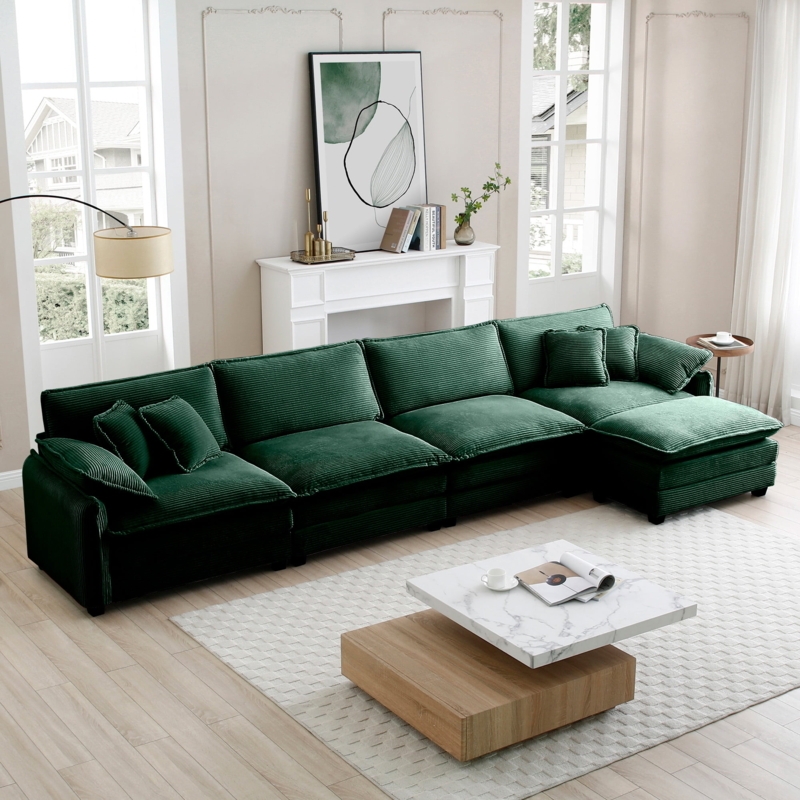 Modular Sectional Sofa, Forest Green Corduroy Chunky Silhouette