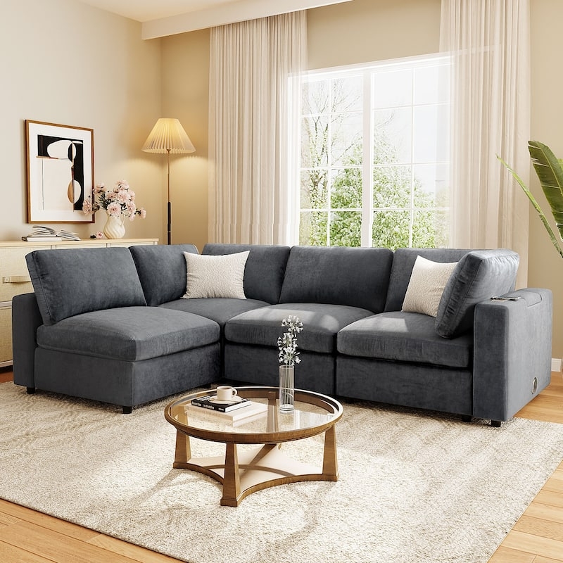 Modular Sectional Sofa Heathered Gray Low Profile with Console
