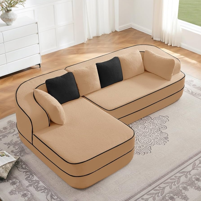 Modular Sectional Sofa in Camel Teddy Fabric, Low Profile Cloud