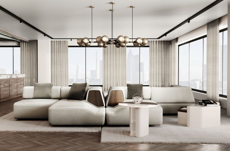 Modular Sectional Sofa in Cream with Modern Slatted Wood Wall Design