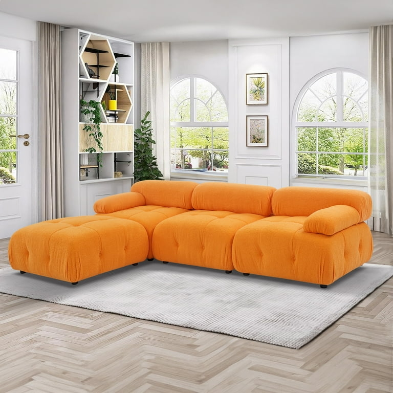 Modular Sectional Sofa in Orange Teddy Fleece with Pillow Top Arms