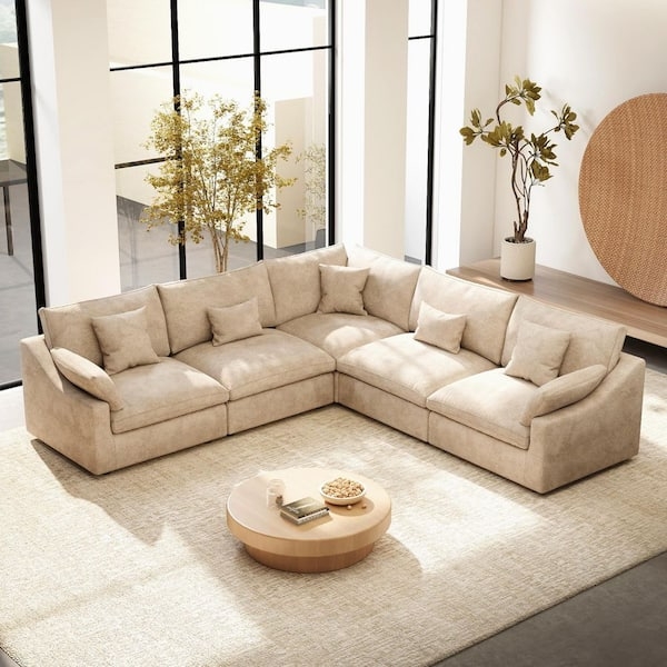 Modular Sectional Sofa Khaki Linen-Like Fabric Large L-Shaped Layout