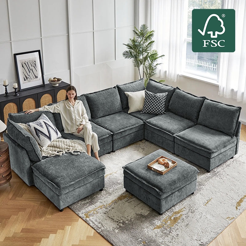 Modular Sectional Sofa, Oversized 8-Seater Layout, Low Profile