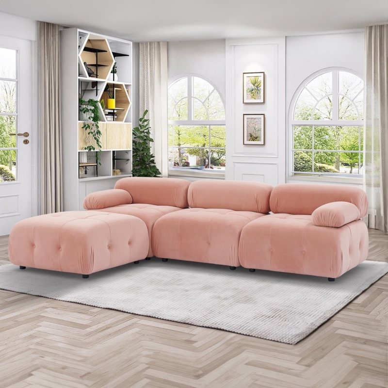 Modular Sectional Sofa Pink Velvet Vertical Tufting Pillow Top Arms
