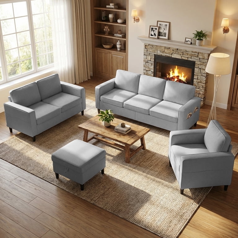 Modular Sectional Sofa Set Light Gray with Storage Ottoman Track Arms