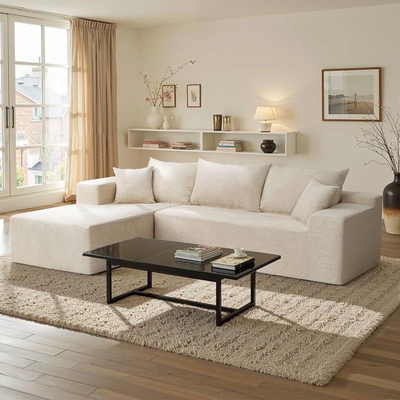 Modular Sectional Sofa with Boneless Construction, Beige Ribbed Fabric.