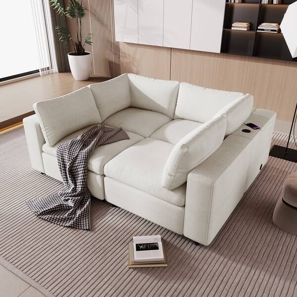 Modular Sectional Sofa with Integrated Bluetooth Speaker, Charcoal Fabric.
