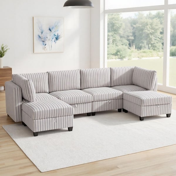 Modular Sectional Sofa with Vertical Navy and White Stripes, Coastal