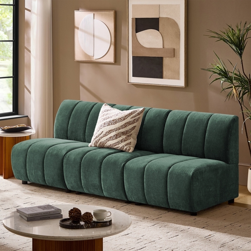 Modular Sofa with Vertical Channel Tufting in Cream Chenille Texture