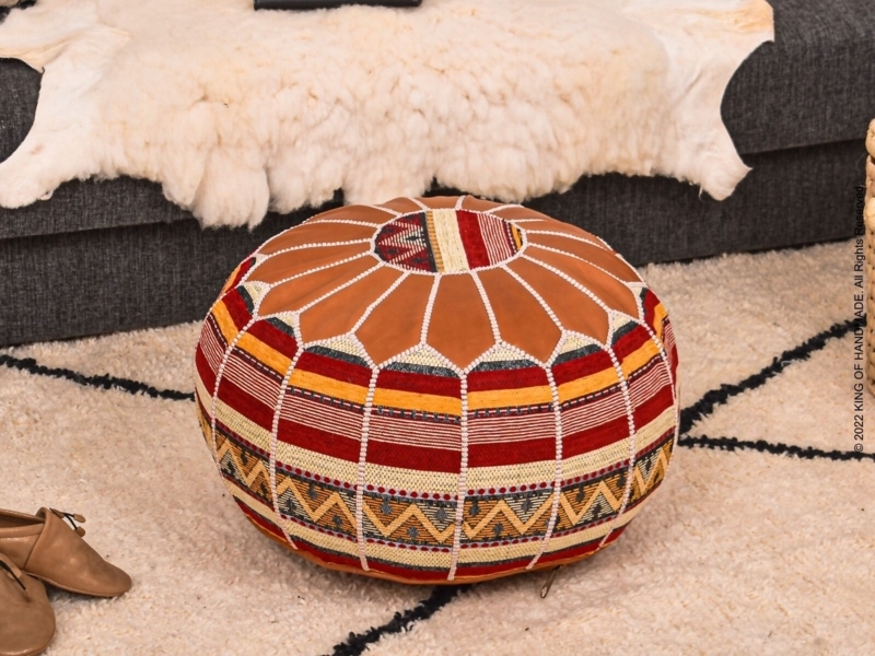 Moroccan Leather Pouf Tan White Embroidery Handmade Boho