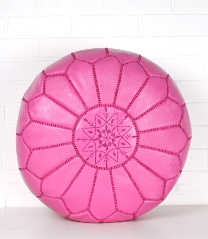 Moroccan Leather Pouf with White Embroidery Detail