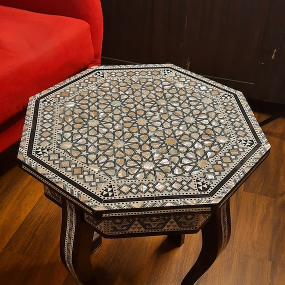 Moroccan Octagonal Accent Table, Dark Wood with Mother of Pearl Inlay