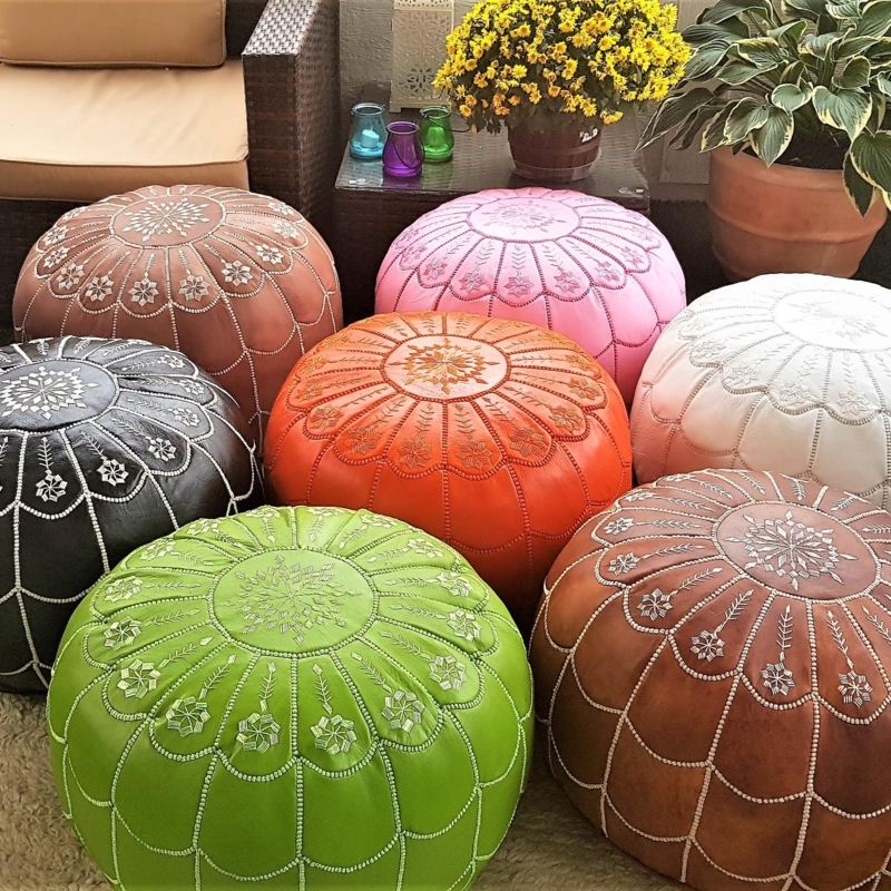 Moroccan Pouf Ottoman with Arch Embroidery and Medallion Pattern in Tan