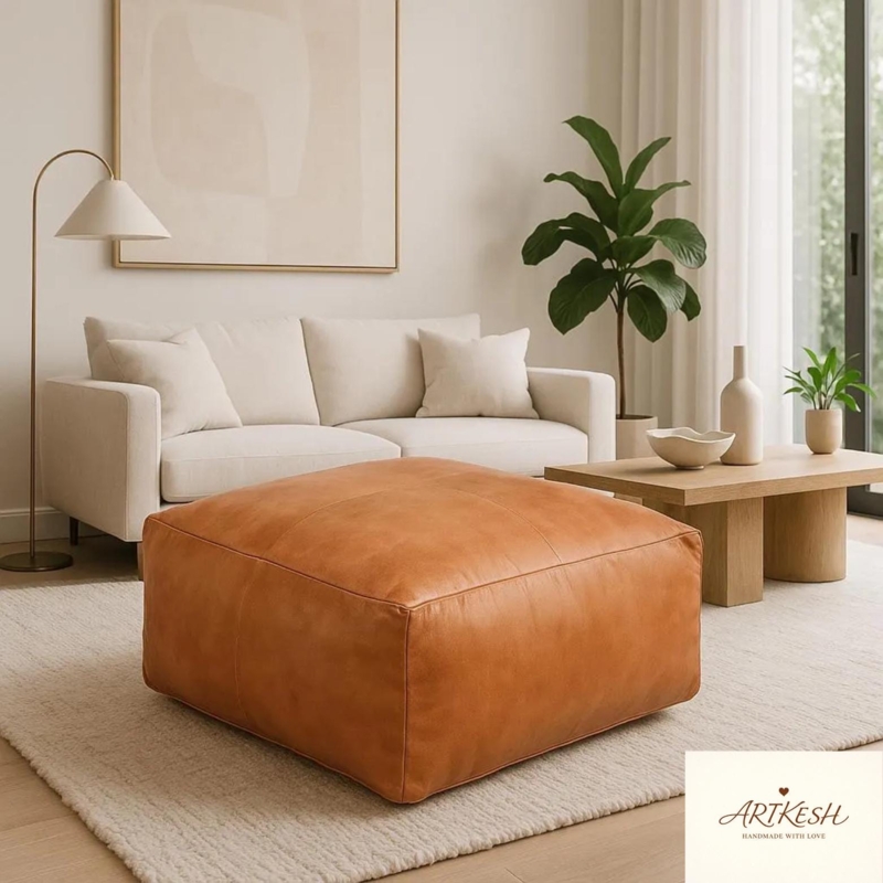 Moroccan Pouf Square Tan Leather-Like White Embroidery Detail