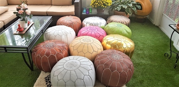 Moroccan Pouf with White Embroidery and Side Panels