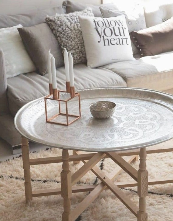 Moroccan Style End Table with Etched Tray Top and Folding Base