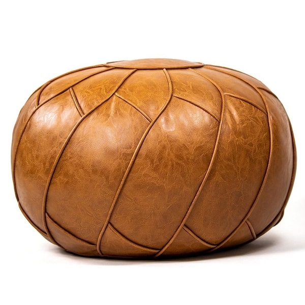 Moroccan Style Pouf Cognac Contrast Stitching, Bohemian Ottoman Decor