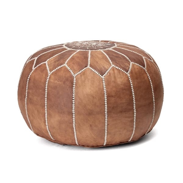 Moroccan Style Round Pouf with Cognac Decorative Stitching