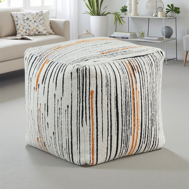 Multicolor Striped Pouf Ottoman Woven Jacquard Cube Footstool