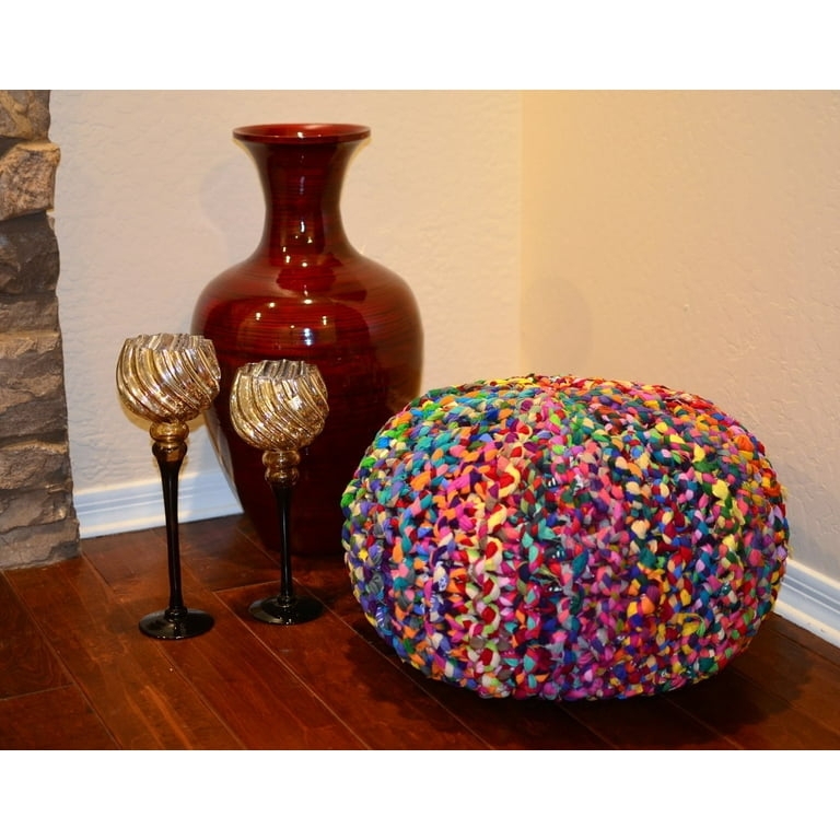 Multicolored Braided Pouf Ottoman Round Handcrafted Style