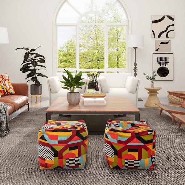 Multicolored Floral Embroidery Pouf Ottoman with Side Handle Bohemian