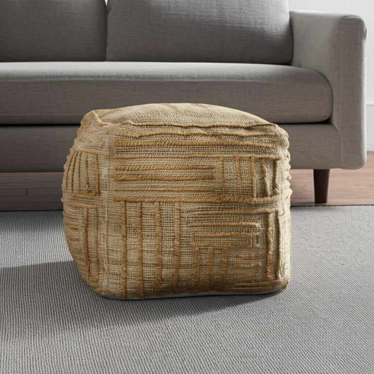 Natural Jute Blend Pouf Ottoman with Horizontal Stripes Coastal Style