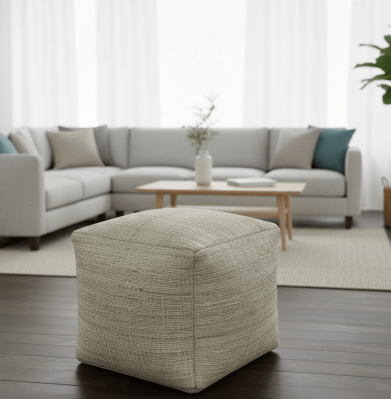 Natural Jute-like Round Pouf with Beige and Brown Striped Pattern