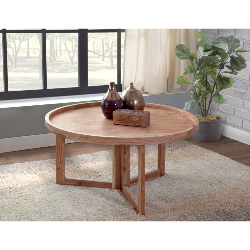 Natural Wood Coffee Table Round Tray Top Black Metal Tripod Legs