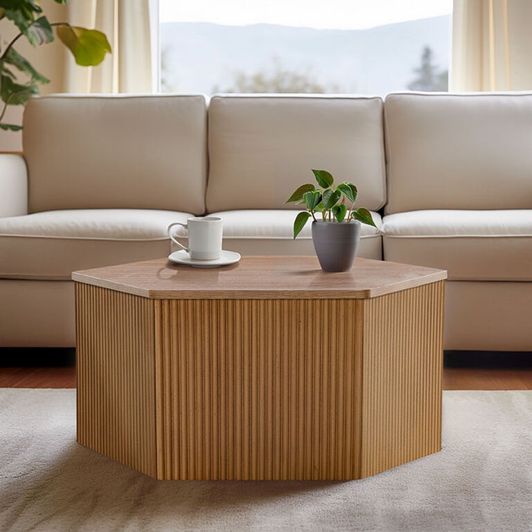 Natural Wood Fluted Coffee Table, Hexagonal Block Base Boho Style