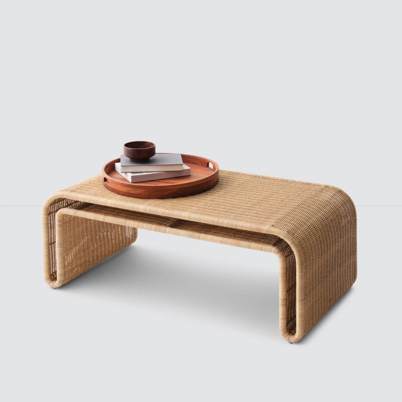 Natural Woven Drum Coffee Table with Vertical Ribbed Texture